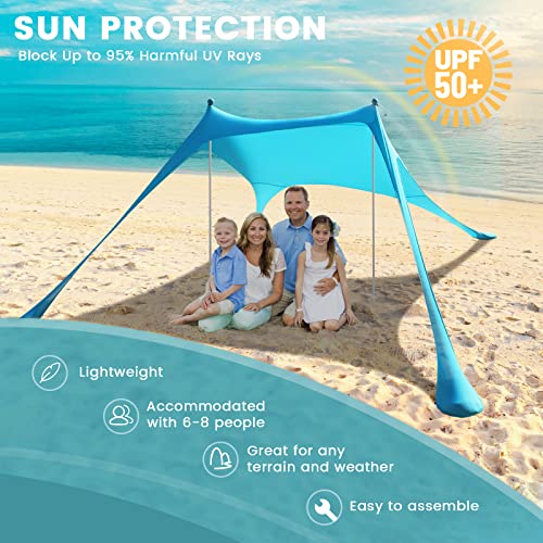 Beach Tent - 9.8 * 6.5 FT Beach Canopy, Portable Beach Tent Sun Shelter UPF50 with 4 Sandbags, 2 Stability Poles Ground Pe...