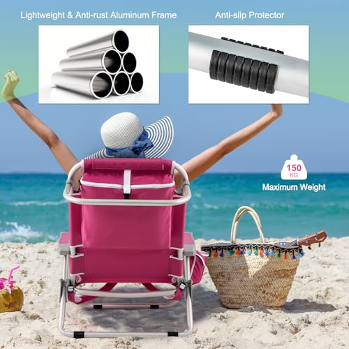 Goplus Beach Chair, 330lbs Folding Backpack Chairs for Adults with 5-Position Backrest, Storage Pockets, Towel Bar & Headr...