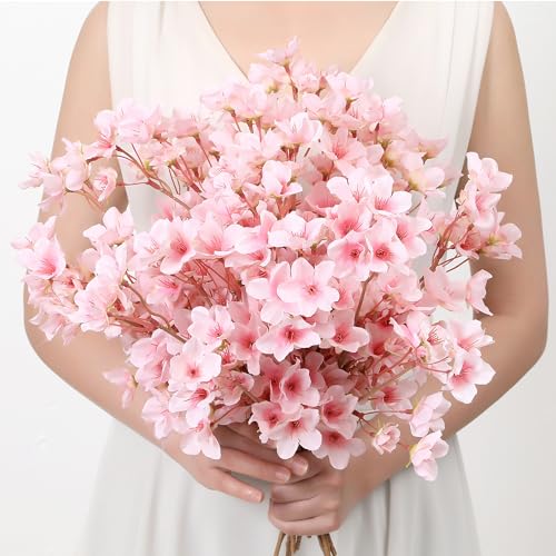 SITUMEIZI 6Pcs Artificial Cherry Blossom Branches Decor Fake Flowers Silk Spring Faux Flowers 16" Peach Bouquet for Home W...