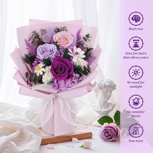 Flowers for Delivery Prime Preserved Flowers Bouquet with Vase That Last 3-5 Years Real Forever Flowers Purple Rose Bouque...