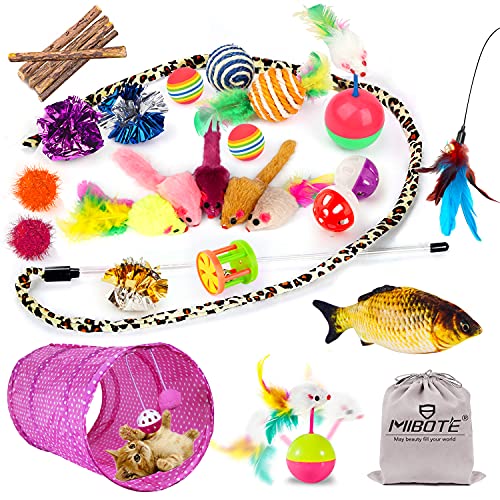 MIBOTE 28Pcs Cat Toys Kitten Toys Assorted, Cat Tunnel Catnip Fish Feather Teaser Wand Fish Fluffy Mouse Mice Balls and Be...