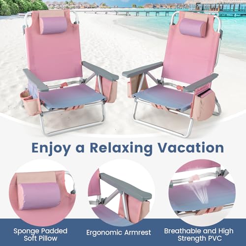 Tangkula Set of 2 Backpack Beach Chair, 5-Position Lay Flat Beach Chairs with Cooler Bag, 2 Cup Holders, Towel Bar, Lightw...