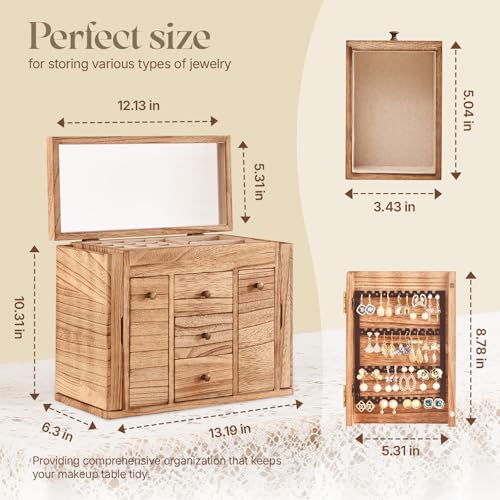 Poyilooo Jewelry Box Organizer, Solid Wood Jewelry Boxes fow Women with Mirror, Large Jewelry Organizer Box Display Earrin...
