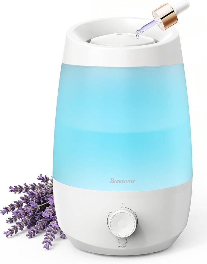 BREEZOME 2.5L Top Fill Humidifiers for Bedroom, 250ml/h Mist Output, 25hrs Humidifiers for Home, 7 Adjustable LED, Essenti...