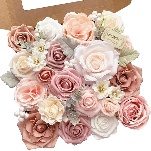 FACINOC Pink Rose Artificial Flowers Dusty Fake Flower with Stems Bulk for DIY Wedding Bouquets Bridal Baby Shower Centerp...