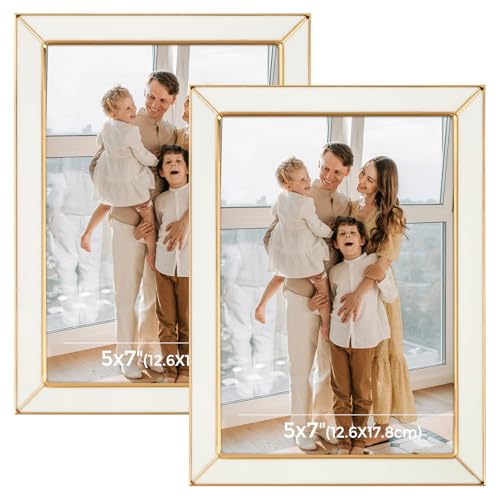 Frametory Enamel Picture Frame - 5x7 Gold Metal Edge White Enamel Picture Frame With Easel and Velvet Back for Tabletop Di...