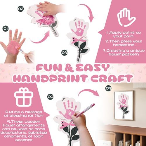 Yousoontic 24 Sets Mother's Day Handprint Kit Unfinished Wooden Flower with Acrylic Paints & Brushes DIY Handmade Gifts fr...