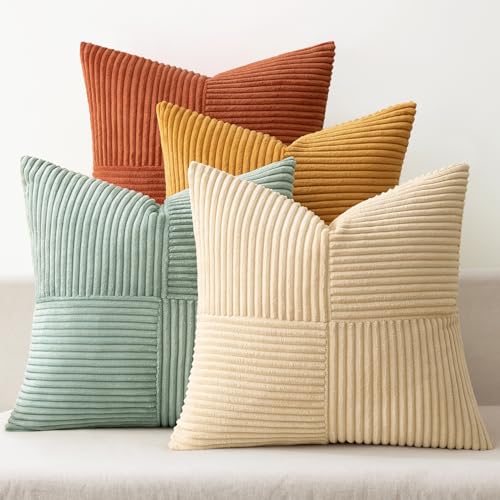MIULEE Teal Orange Decorative Throw Pillow Covers 18x18 Inch Set of 4 Boho Corduroy Striped Cushion Cases Modern Farmhouse...