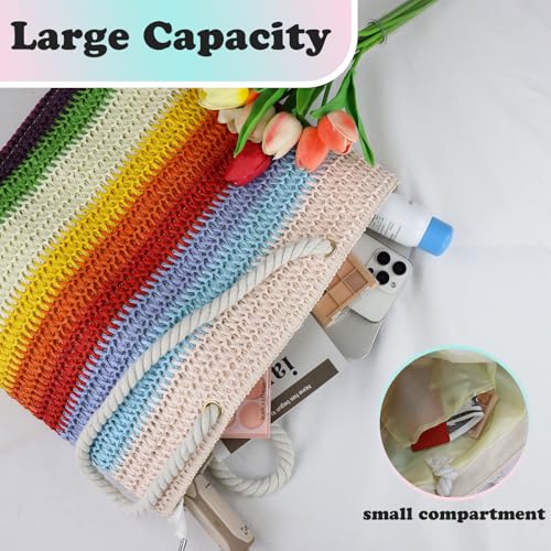 Andiker Rainbow Straw Bags for Women 2025, Lightweight Large Beach Bag with Zipper Summer Striped Straw Tote Bag for Women