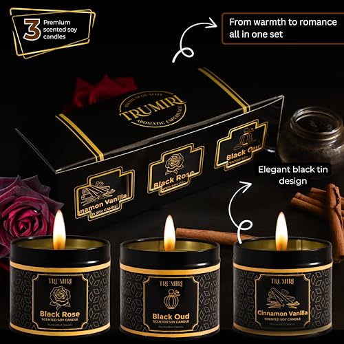 Candle Gift Set of 3 Black Oud|Cinnamon Vanilla|Black Rose Strong Scented Soy Candels Clean Non Toxic Velas Aromáticas Fav...