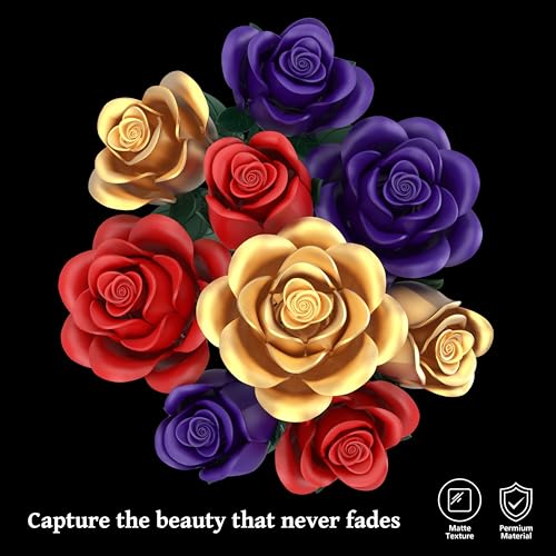 Rose Bouquet Flowers Building Set, 501Pcs Red Purple Golden Roses Artificial Flowers Botanical Collection Compatible with ...