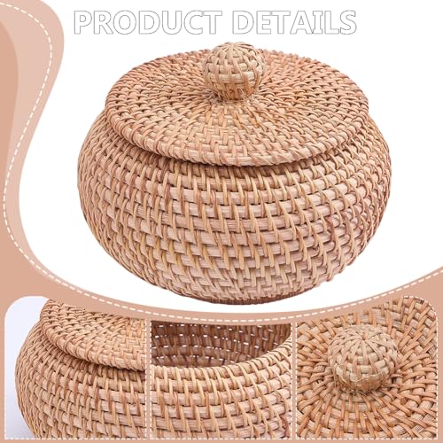 WADORN Round Rattan Storage Box with Lid, Handmade Woven Storage Basket Natural Multi-Purpose Wicker Rattan Basket Small D...