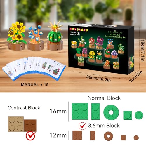 HOGOKIDS 15 Pack Flowers Succulents Mini Building Set for Adults Kids - Gift for Mothers Day, Flower Plant Botanical Colle...