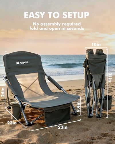 AKSOUL Folding Beach Chair for Adults: Low/High Back Chairs with Carry Bag - Extra Wide Seat Chair with Comfortable Pillow...