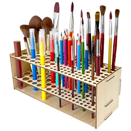 HESHUYU Wooden Paint Brush Holder 105 Holes Paintbrush Holder Organizer Paint Brush Stand Rack with Silicone Rings for Pen...