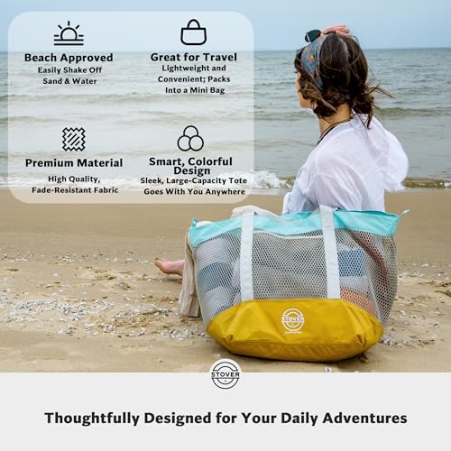 STOVER Extra Large Mesh Beach Bag, Vacation, Pool, Shopping & Travel Tote - Foldable w/Storage Pouch & Pockets for Women, Men