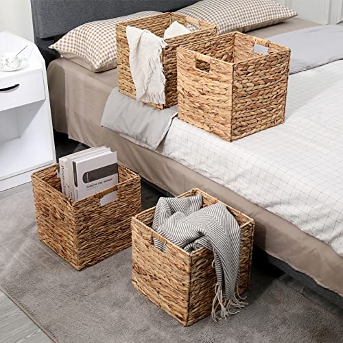 12x12in Storage Baskets Set of 4 Water Hyacinth Baskets,Foldable Handwoven Storage Cubes,Wicker Cube Baskets Laundry Organ...