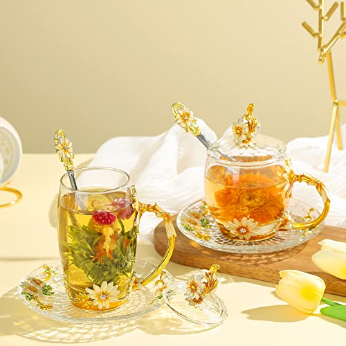 LANTREE Floral Yellow 12oz Hand Painted Glass Teacup with Lid, Spoon & Saucer - Gift for Mom, Teacher, Lovers - Christmas,...