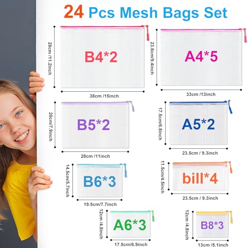 24 Pcs Mesh Zipper Pouch Bags, Plastic Zipper Pouches for Classroom in 8 Sizes, Waterproof Mesh Zipper Bags for Organizin...