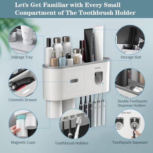 BHeadCat Toothbrush Holders for Bathrooms Wall Mounted, 6 Slot Toothbrush Holder with 2 Automatic Toothpaste Dispensers, 2...