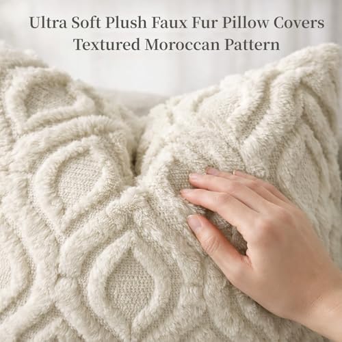 decorUhome Throw Pillow Covers 18x18 Inch Set of 2, Soft Plush Faux Wool Beige Solid Couch Pillow Covers, Accent Farmhouse...