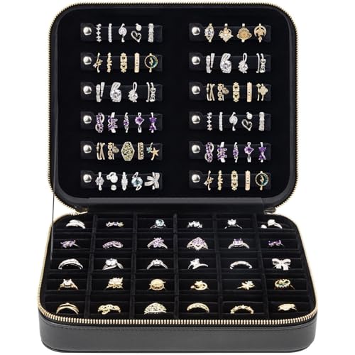 Luxury Velvet Ring Storage Organizer Case, Leather Ring Holder for Women/ Girls/ Mothers/ Wife, Portable Jewelry Display B...