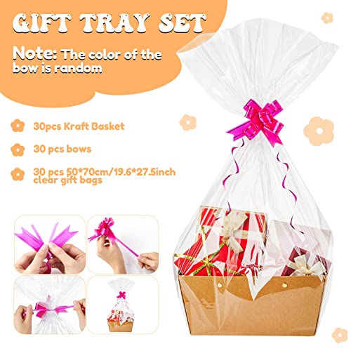 Tuanse 30 Pcs Basket for Gift Empty DIY Bulk Gift Basket Kit with Handle Kraft Cardboard Tray with 30 Bag 30 Bow Market Tr...