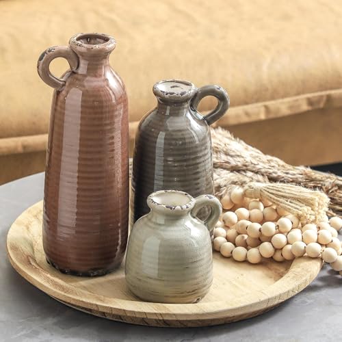 Ceramic Vases Set of 3, Neutral Rustic Farmhouse Vase with Handle, Decorative Flower Vases Home Decor Modern Boho Pampass ...