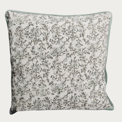Palm & Loom 100% Cotton Linen Cushion Cover - Decorative Throw Pillow Case with Powder Blue & Green Print with Pipping - T...