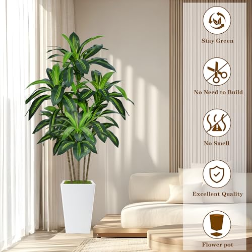 6FT Artificial Dracaena Tree, Fake Tree Indoor with White Tall Planter,Tall Artificial Plants Indoor,Artificial Silk Tree ...