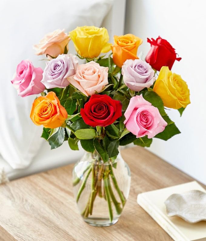 From You Flowers - One Dozen Rainbow Roses with Glass Vase | Fresh Flower Bouquets for Birthday, Anniversary, Get Well or ...