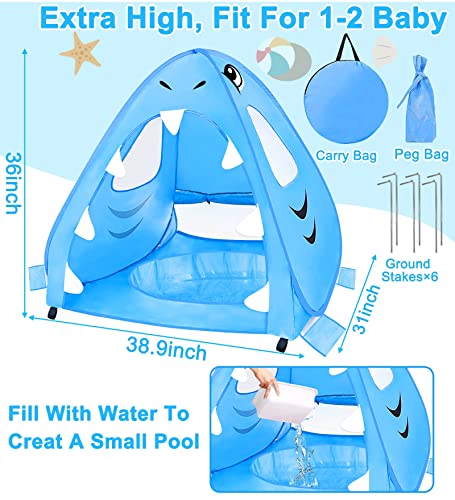 [ Extra High ] Shark Baby Beach Tent with Pool, Pop Up Kiddie Pool Tents Baby Beach Essentials UPF 50+ UV Protection 4 San...