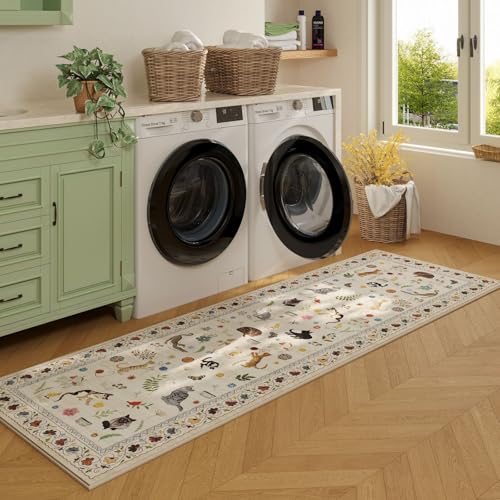 Rugcomf Runner Rug for Kitchen Non Slip 2'6''x8' Washable Rugs with Rubber Backing Soft Floral Animal Cat Carpet Runner fo...