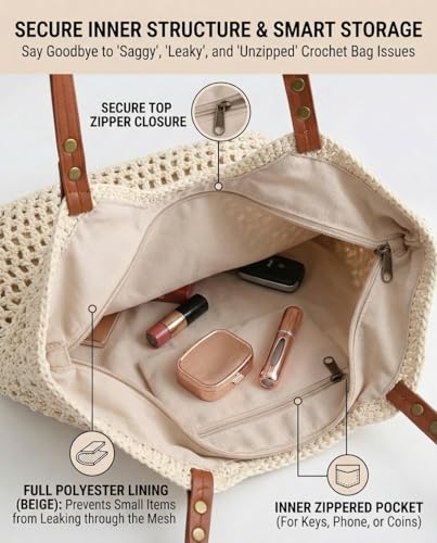 Crochet Beach Bags for Women, Reinforced Strap Woven Tote Bag with Zipper, Lined Boho Summer Vacation Travel Purse