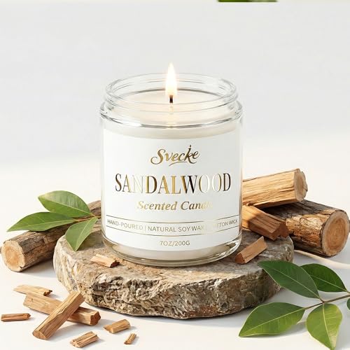 SVECKE Sandalwood Scented Candle 7oz Soy Wax Jar Candle Long Burning Aromatherapy Candle for Home Bedroom Gift for Women M...