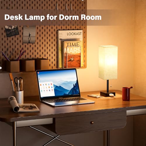 Bedside Table Lamps for Bedroom Set of 2 - Small Rectangular Nightstand Lamp with AC Outlet Charging Port, 3 Color Tempera...
