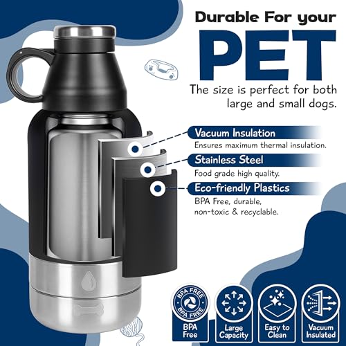 WRTZ Portable Dog Water Bottle with 2 Removable Water Bowls for Dogs – Leak-Proof Insulated Stainless Steel Dog Water Bott...