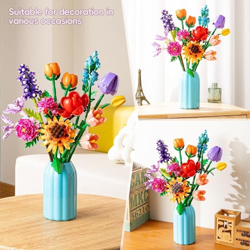 Sawaruita Flowers Bouquet Botanicals Building Blocks Set for Adults - 1006 Pcs Wildflowers with Vase Home Decor Gift Mothe...