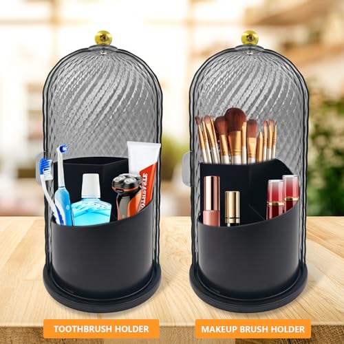 360 Rotating Makeup Brush Holder Organizer With Lid - Multifunctional Toothbrush Holder With Cover For Bathroom Countertop...