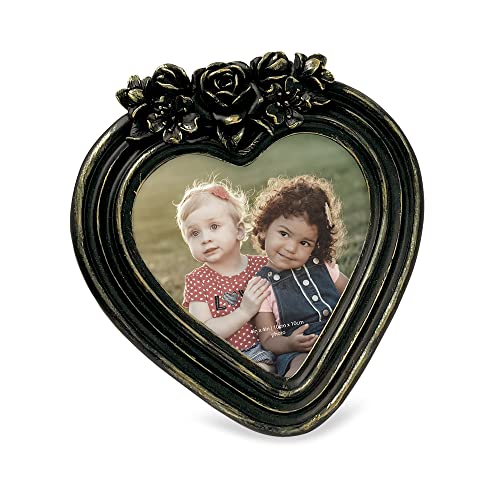 Isaac Jacobs 4x4 Heart-Shaped Resin Picture Frame with Rose Design, Decorative Photo Frame, Tabletop & Wall Display, Hangi...