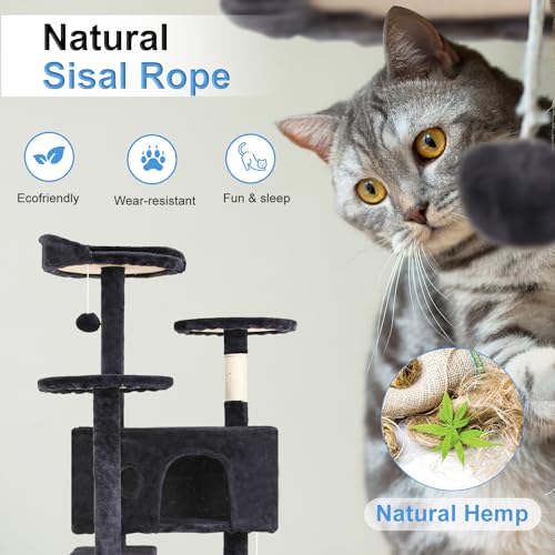 FDW | 54" Cat Tree Tower | Dark Gray | Multi-Level Indoor Activity Center with Sisal Scratching Posts, Condos, Plush Perch...
