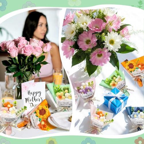 Riceshoot 12 Pcs Inspirational Crochet Gifts Positive Handmade Mini Crochet Flowers Bouquet Thank You Flower Bouquet Appre...