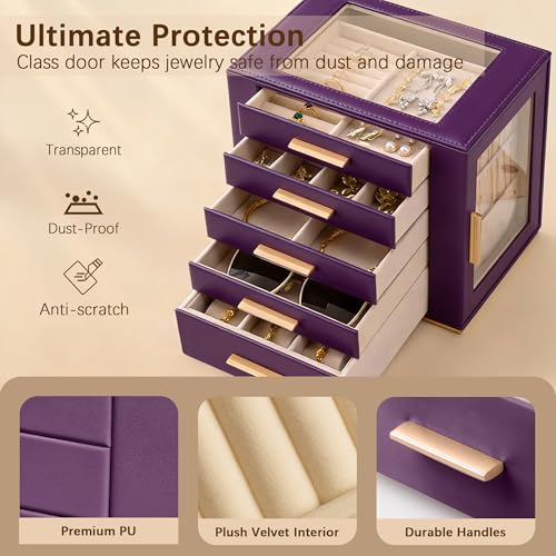 Homeanda Jewelry Box for Women with Glass Lid, 5 Drawers Jewelry Organizer and Storage for Necklaces, Rings, Earrings, Bra...