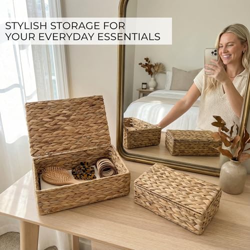 Decorative Storage Boxes with Lids - Set of 2 Beautiful Wicker Organizer Bins for Your Shelves & Home Decor - Safely Store...
