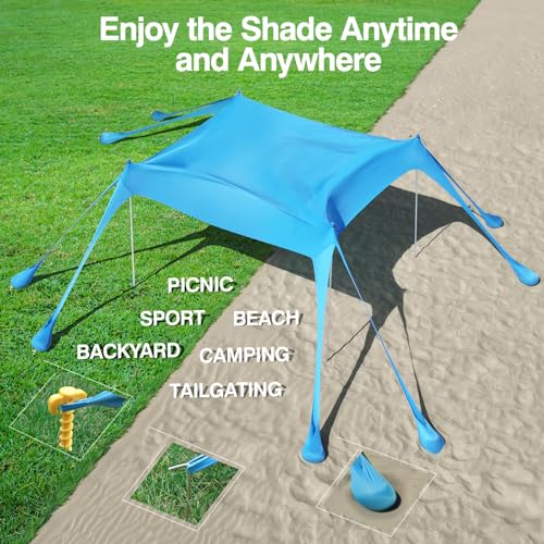 Rhino Valley Beach Tent Shade Canopy UPF50+ Protection, 8 Sandbags, 4 Stability Poles, Outdoor Sun Shelter Umbrella for Sa...