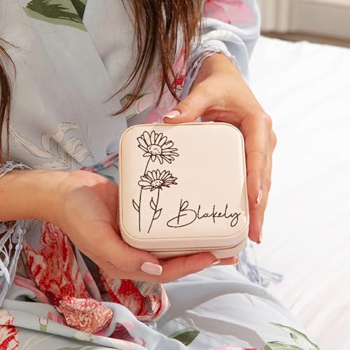 Yofair Mothers Day Mom Gifts for Women Personalized Jewelry Box with Birth Flower Custom Leather Travel Jewelry Case Ring ...