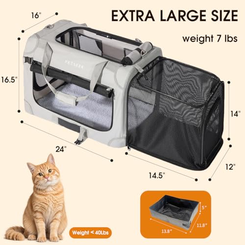 Petseek Extra Large Expandable Cat Carrier Soft Sided for Car, Portable Small Dog Carrier for 2 Cats, 24"x16.5"x16" Road T...