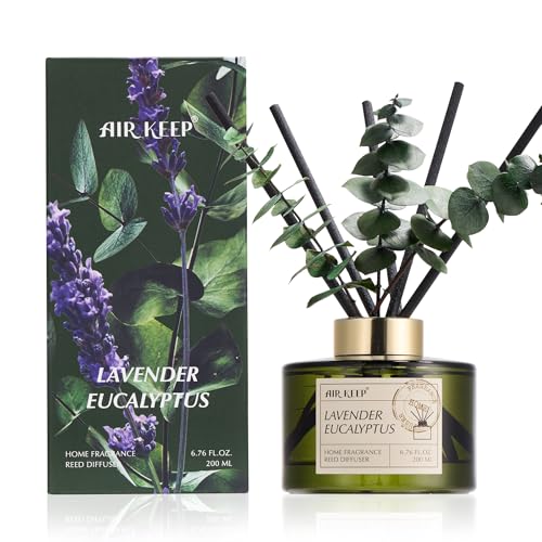 Airkeep Reed Diffuser Set with 6.76 fl oz Lavender Eucalyptus Scent Essential Oils and 3 Leaves & 8 Diffuser Sticks,Bathro...