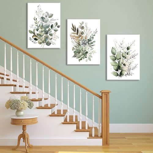 Bwodke Botanical Wall Art Plant Floral Watercolor Canvas Prints Set of 3 Framed Sage Green Painting Eucalyptus Leaf Pictur...
