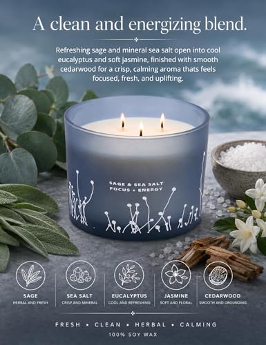 White Sage Sea Salt 3 Wick Candle - Large Soy Scented Candle 14.5 oz - Sage Candle for Cleansing House - Aromatherapy Ener...